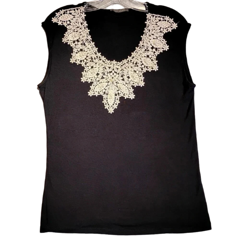Suzy Shier Black Sleeveless Stretch Blouse White Lace &  Pearl Neck CK MEASURE